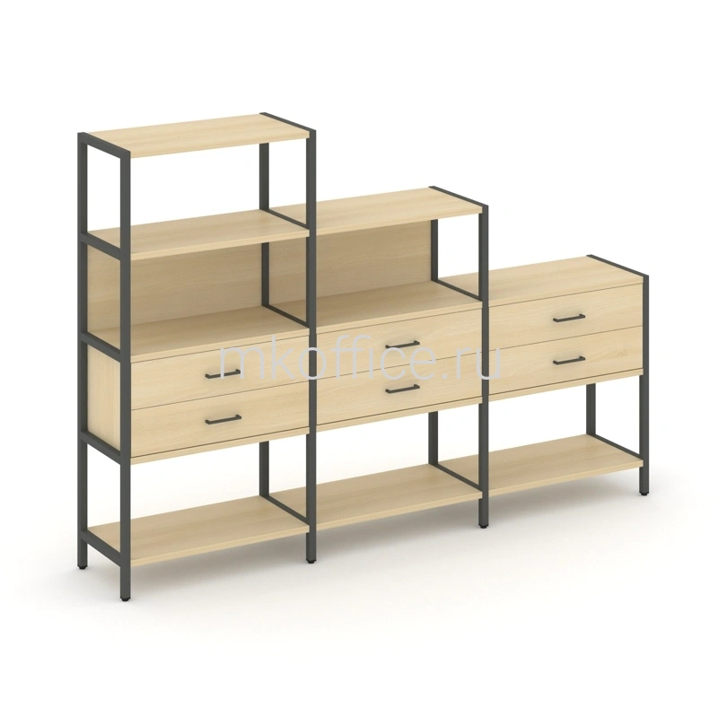 Трехсекционный стеллаж Shelf System четырех/трех/двухярусный с ящиками SN.STM-431. Ассортимент МК Офис