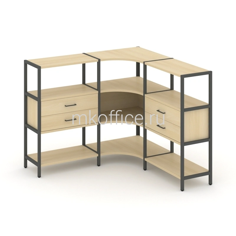Трехсекционный угловой стеллаж Shelf System трехярусный с ящиками SN.STMU-331. Ассортимент МК Офис