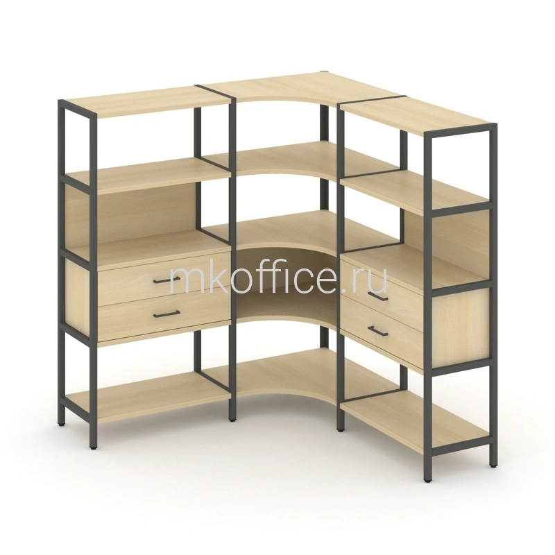 Трехсекционный угловой стеллаж Shelf System четырехярусный с ящиками SN.STMU-431. Ассортимент МК Офис